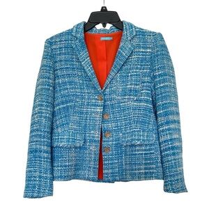 J.McLaughlin Blossom Tweed Jacket Collared Blazer Silk Blue Size 4